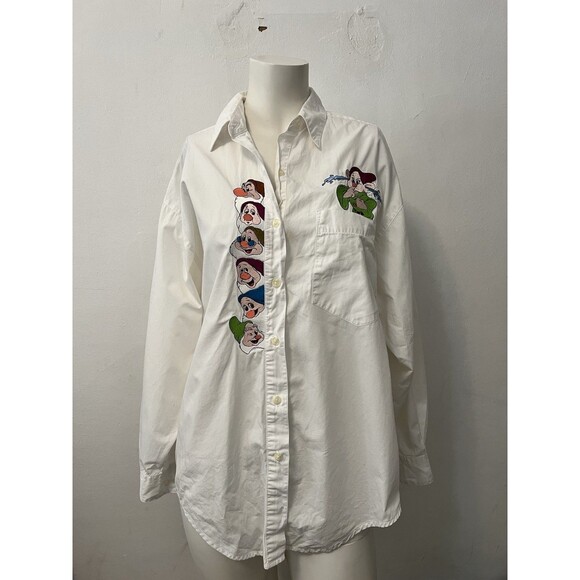Vintage 90s The Disney Store Snow White Seven Dwarves Embroidered Button Down M - Picture 1 of 7